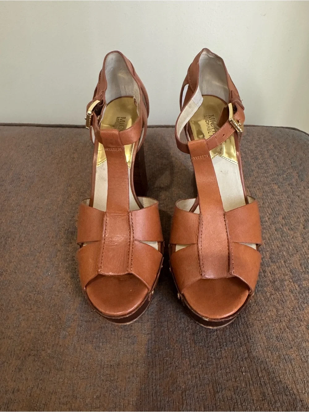 MICHAEL Michael Kors Tan Leather T-Strap Platform Heel